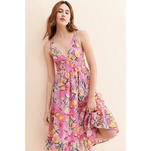 Scotch & Soda Strappy Fruit‎ Midi Dress Pink Strappy Smocked Empire Waist V-neck